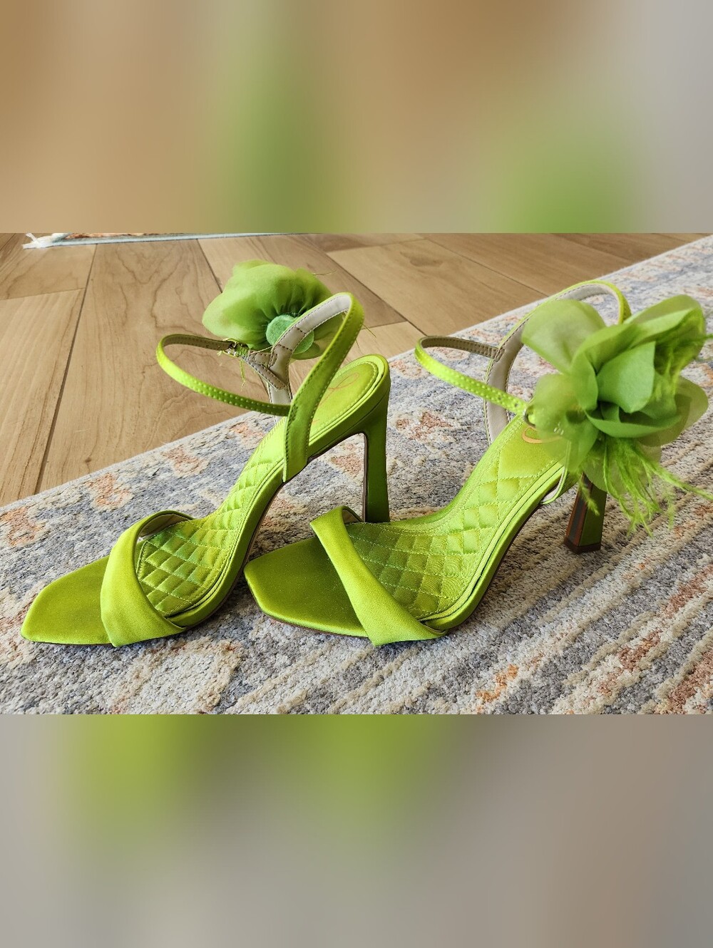 Leana Sandal-Sam Edelman Lime Green Satin Floral  Ankle-Strap Heels - Picture 3 of 7